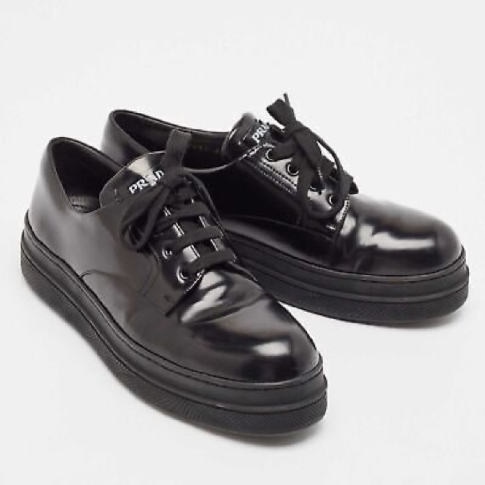Authentic Black Prada Patent Leather Low Top Sneakers Women size 38.5 or US 8.5